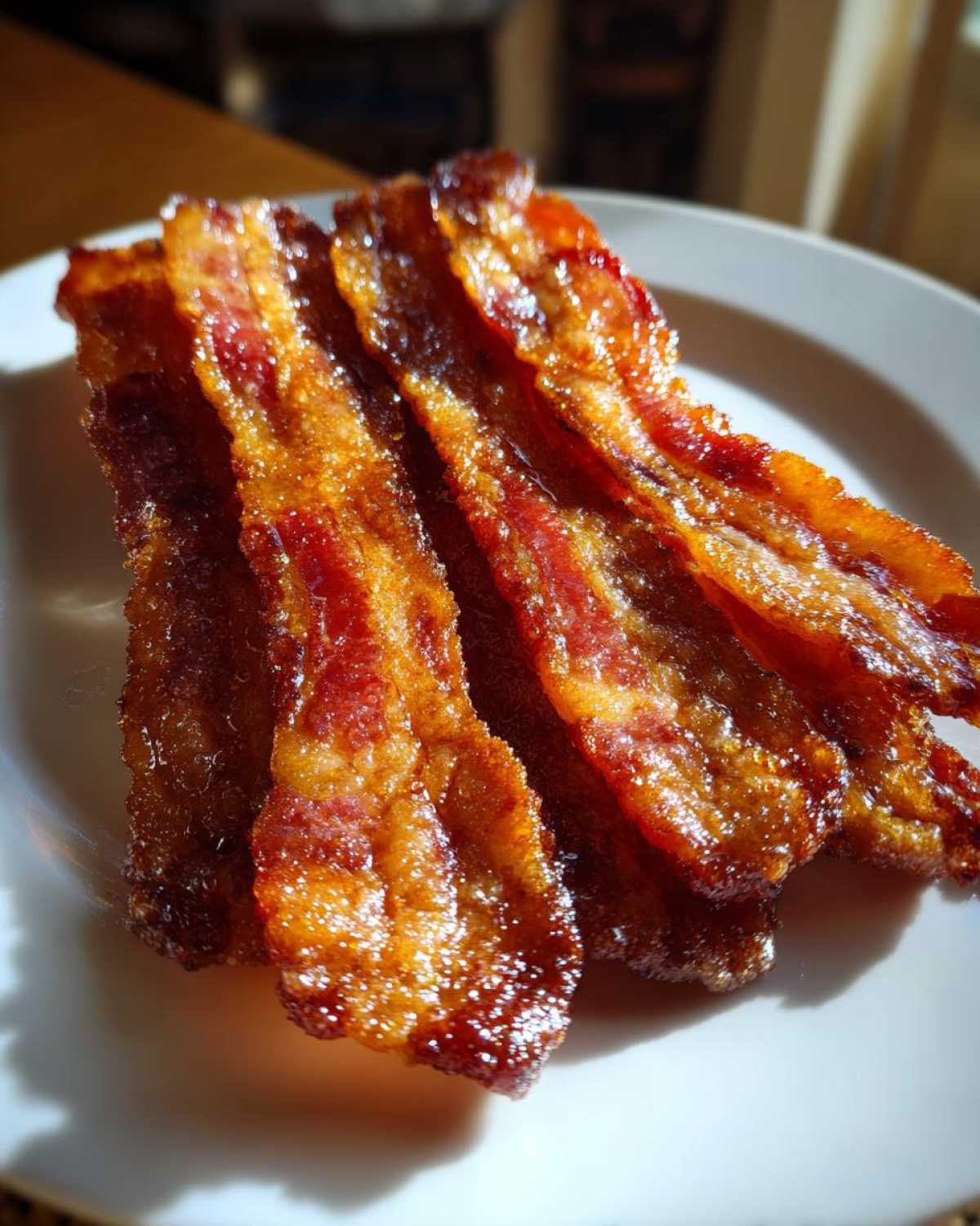 Close-up of several strips of crispy Brown Sugar Glazed Bacon glistening on a white plate.