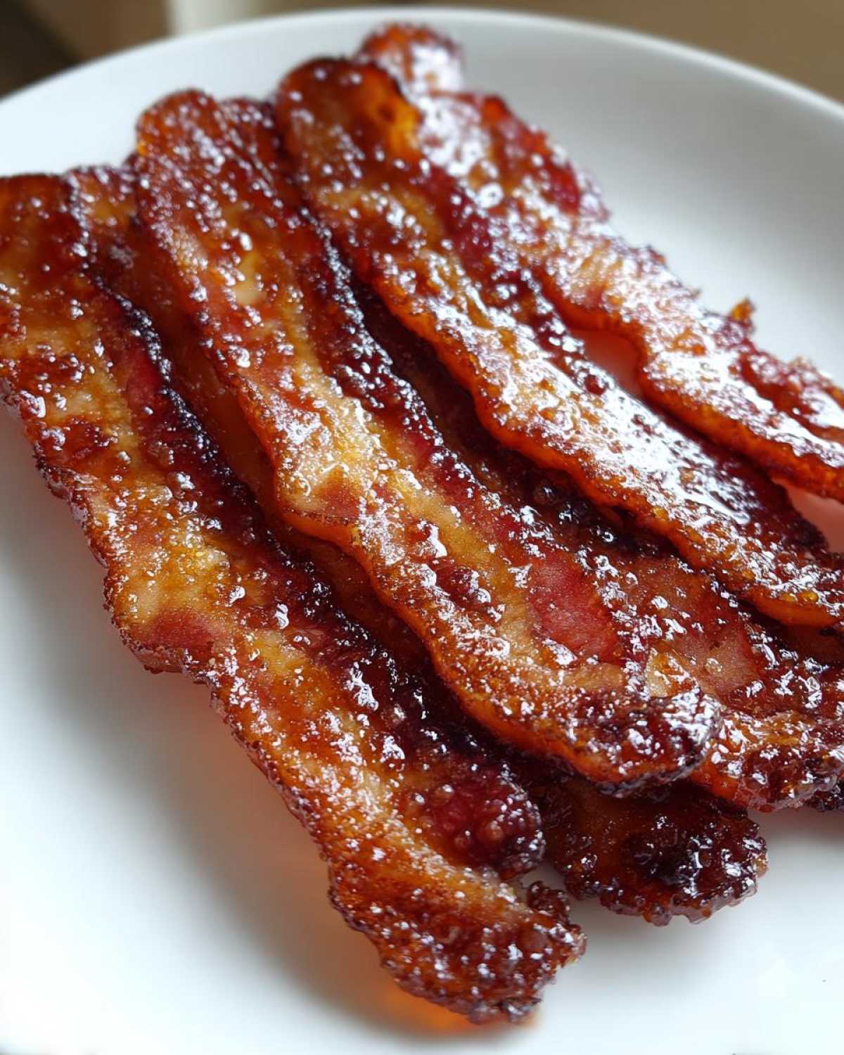 Close-up of several crispy strips of Brown Sugar Glazed Bacon glistening on a white plate.