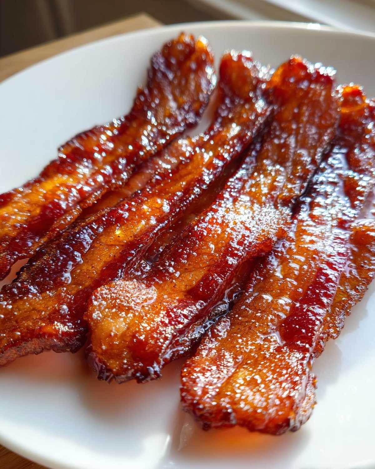 Close-up of several strips of crispy Brown Sugar Glazed Bacon glistening with a thick, dark glaze on a white plate.