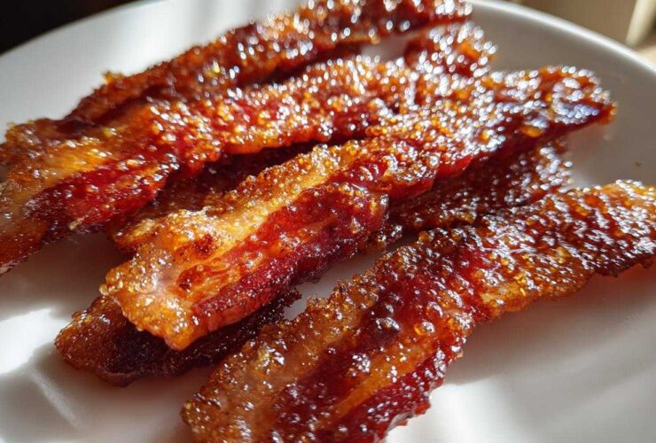 Close-up of crispy, caramelized Brown Sugar Glazed Bacon strips glistening on a white plate.