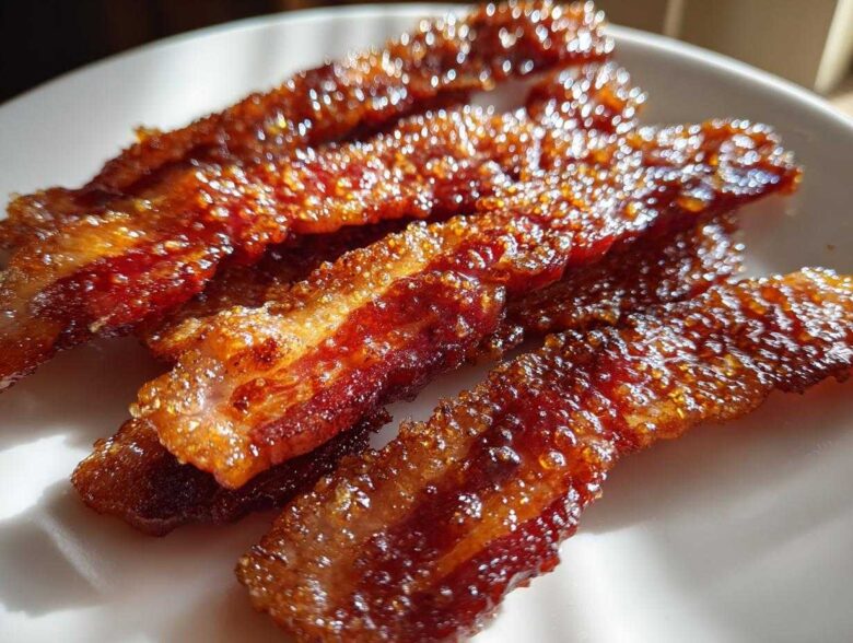 Close-up of crispy, caramelized Brown Sugar Glazed Bacon strips glistening on a white plate.
