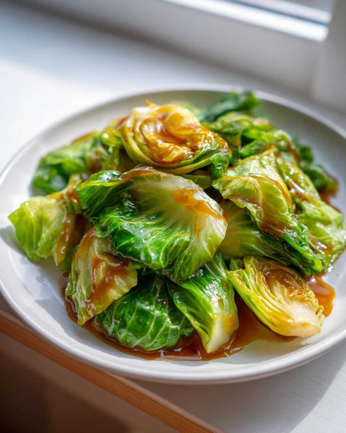 Close-up of vibrant green cabbage wedges coated in a glossy garlic ginger sauce, ready to serve.