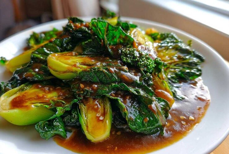 Close-up of vibrant green cabbage stir fry coated in rich garlic ginger sauce, served on a white plate.
