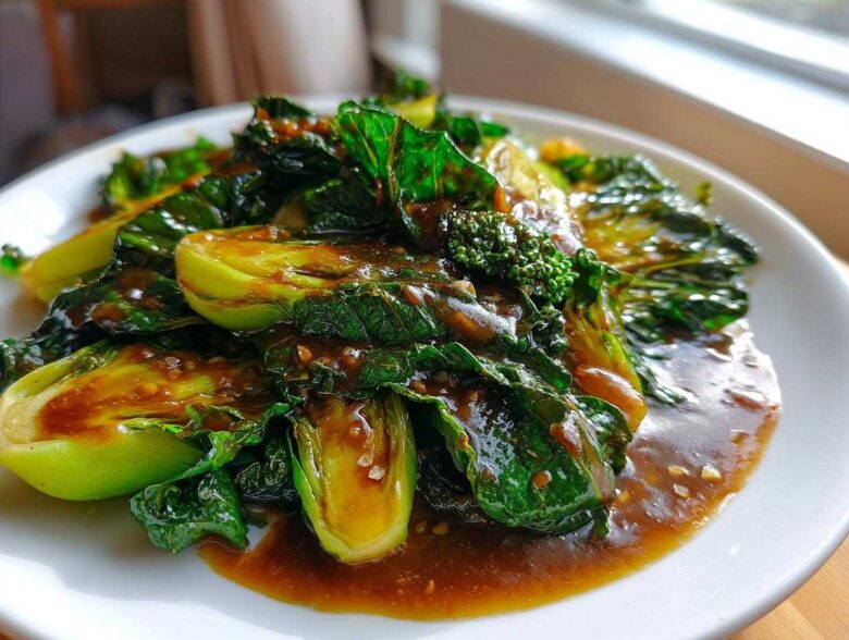 Close-up of vibrant green cabbage stir fry coated in rich garlic ginger sauce, served on a white plate.