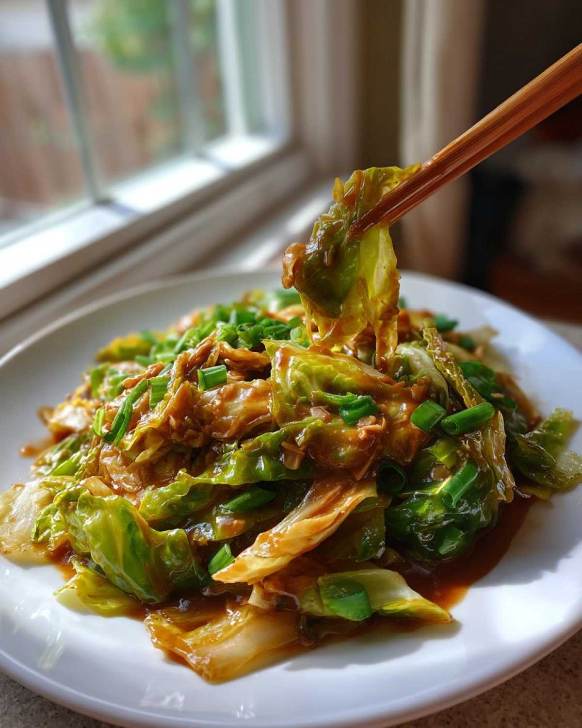 A piece of Cabbage Stir Fry with Garlic Ginger Sauce is lifted from a white plate using wooden chopsticks.