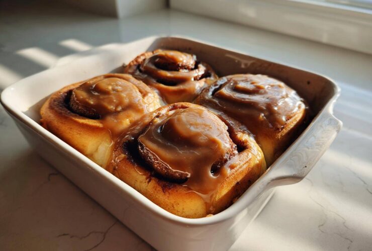 Four freshly baked Gluten-Free Cinnamon Rolls topped with thick caramel icing in a white baking dish.