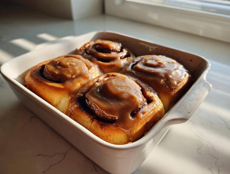 Four freshly baked Gluten-Free Cinnamon Rolls topped with thick caramel icing in a white baking dish.