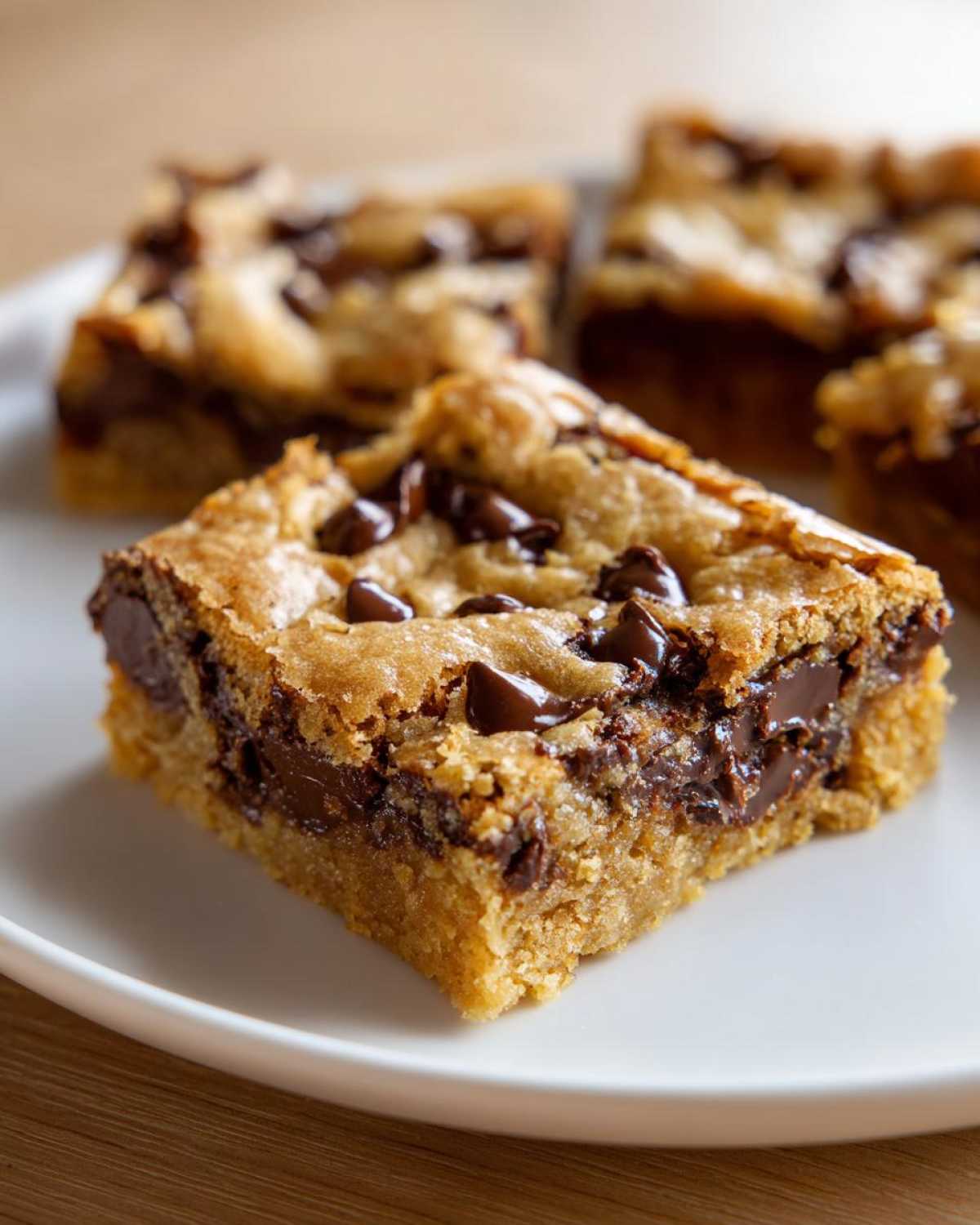 A close-up of a thick, chewy chocolate chip cookie bar with melted chocolate chips on a white plate.
