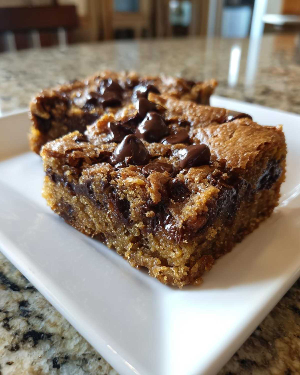 Two squares of rich, chewy chocolate chip cookie bars topped with melted chocolate chips on a white plate.