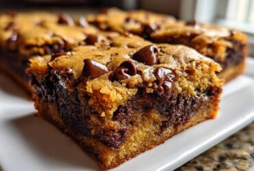 A close-up view of a thick, chewy chocolate chip cookie bars slice showing a gooey center and melted chocolate chips.