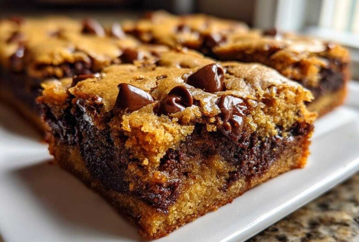 A close-up view of a thick, chewy chocolate chip cookie bars slice showing a gooey center and melted chocolate chips.