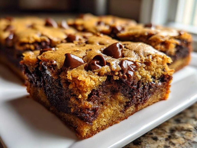 A close-up view of a thick, chewy chocolate chip cookie bars slice showing a gooey center and melted chocolate chips.