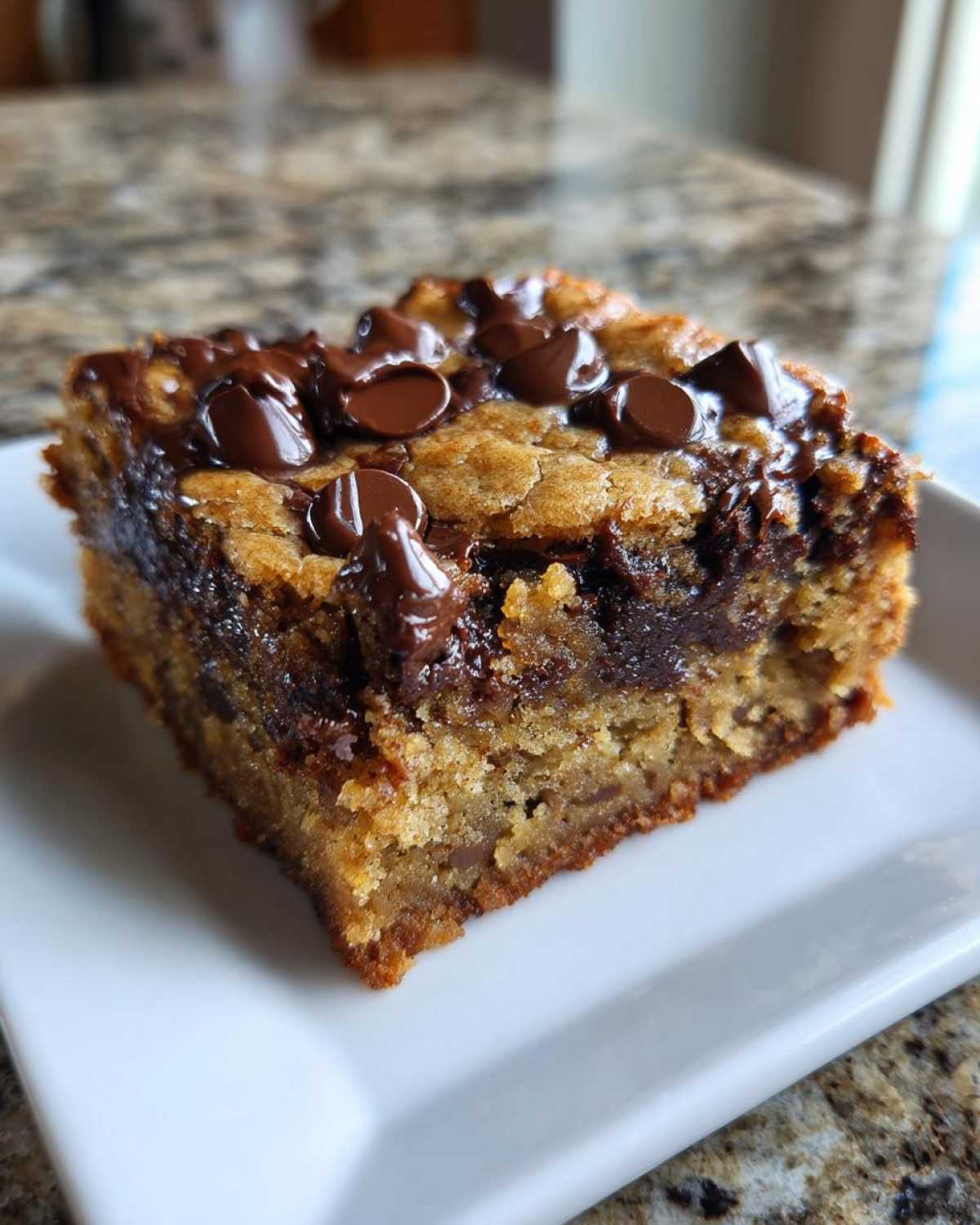 A single, thick square of Chewy Chocolate Chip Cookie Bars topped with melted chocolate chips.
