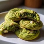 A stack of bright green, chewy matcha white chocolate cookies, one broken open to show the soft interior.