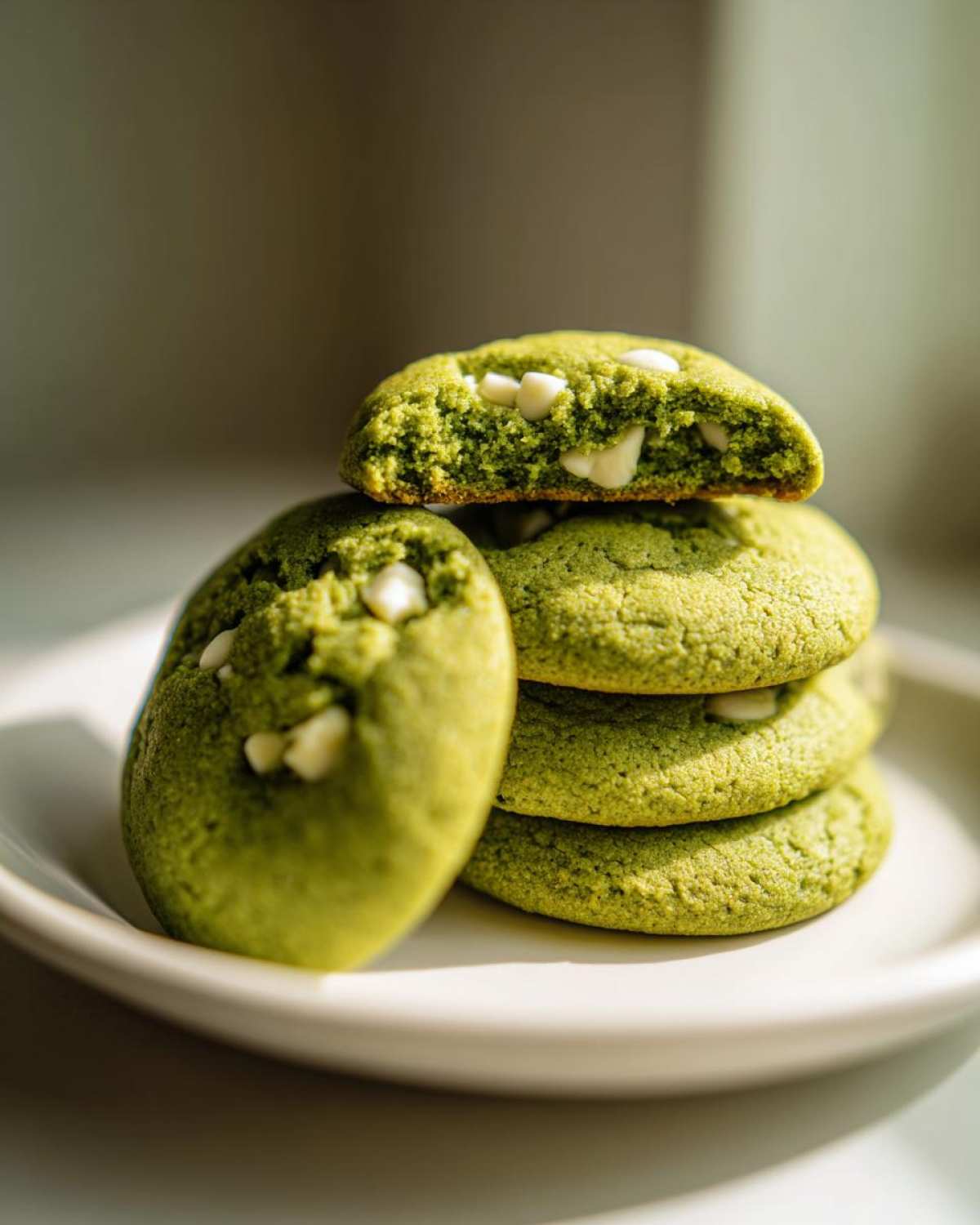 A stack of bright green Chewy Matcha White Chocolate Cookies with white chocolate chips visible.