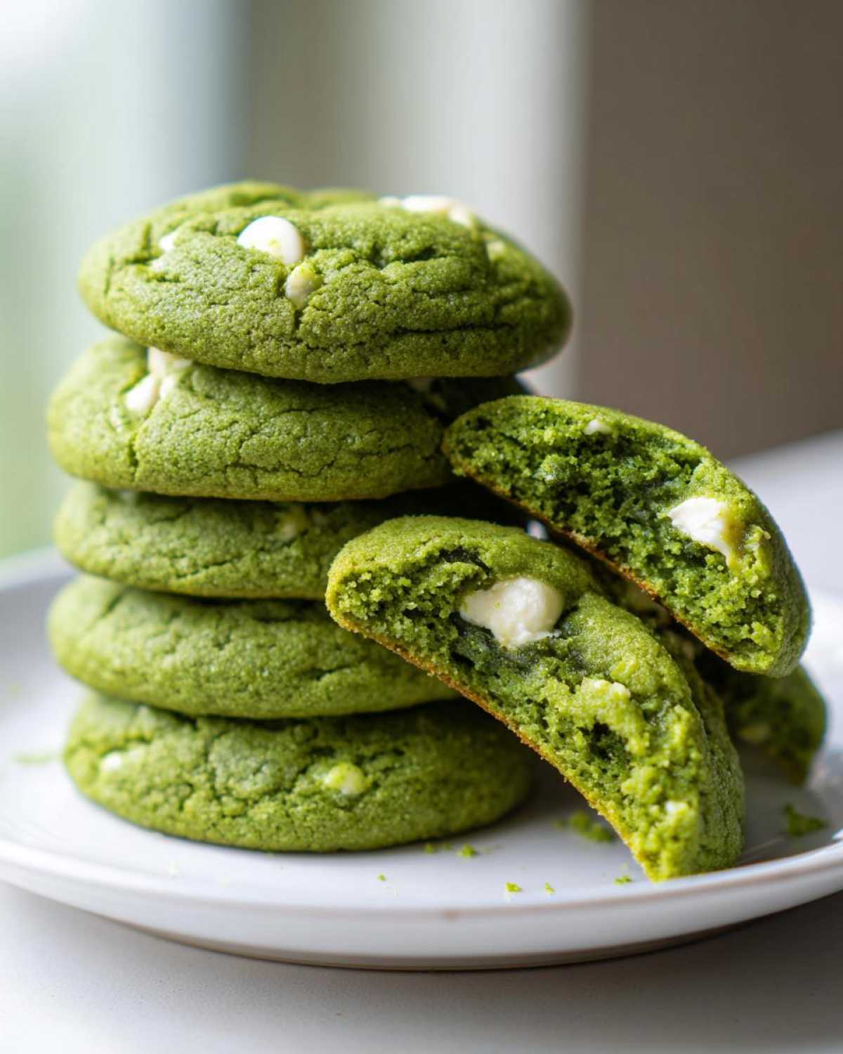 A stack of vibrant green Chewy Matcha White Chocolate Cookies with white chocolate chips visible.