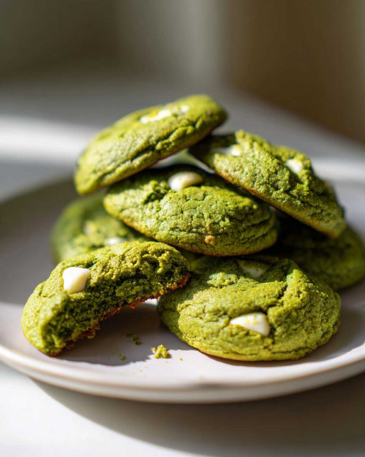 A stack of vibrant green Chewy Matcha White Chocolate Cookies with white chocolate chips, one broken open.