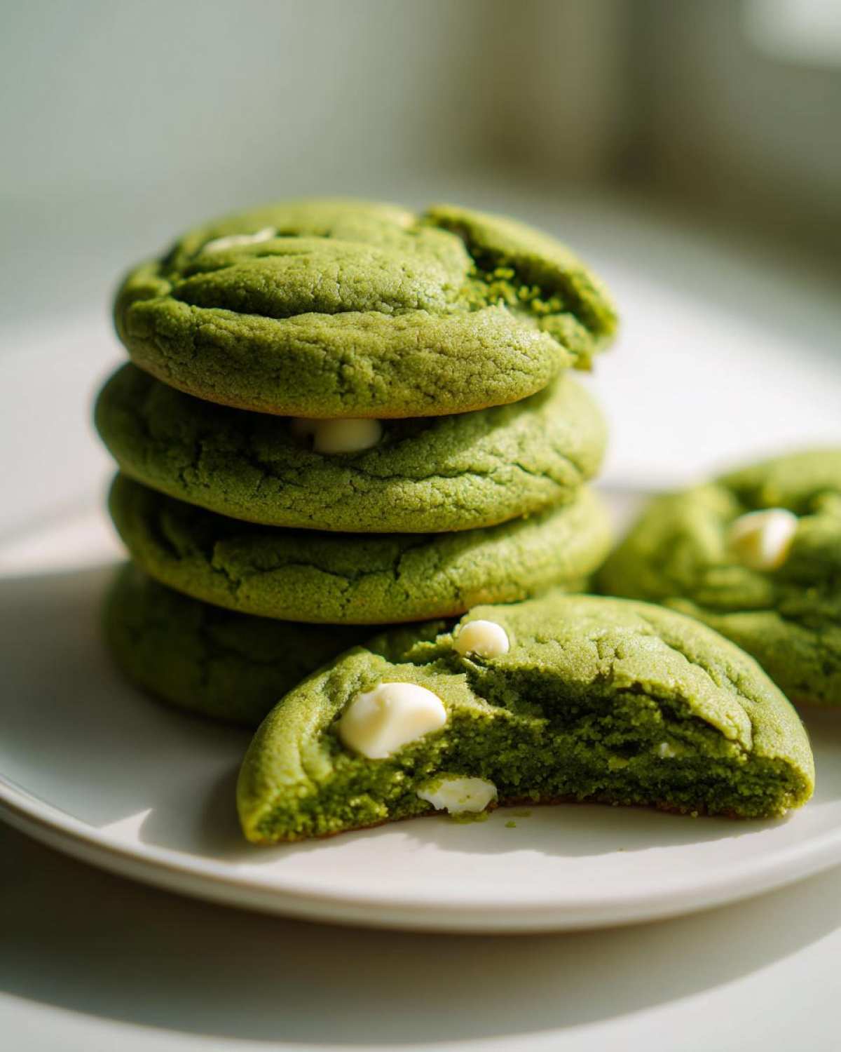 A stack of four vibrant green Chewy Matcha White Chocolate Cookies with one cookie broken open showing white chocolate chips.