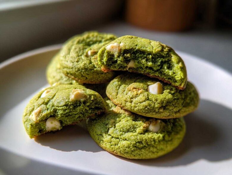 A stack of bright green, chewy matcha white chocolate cookies, one broken open to show the soft interior.