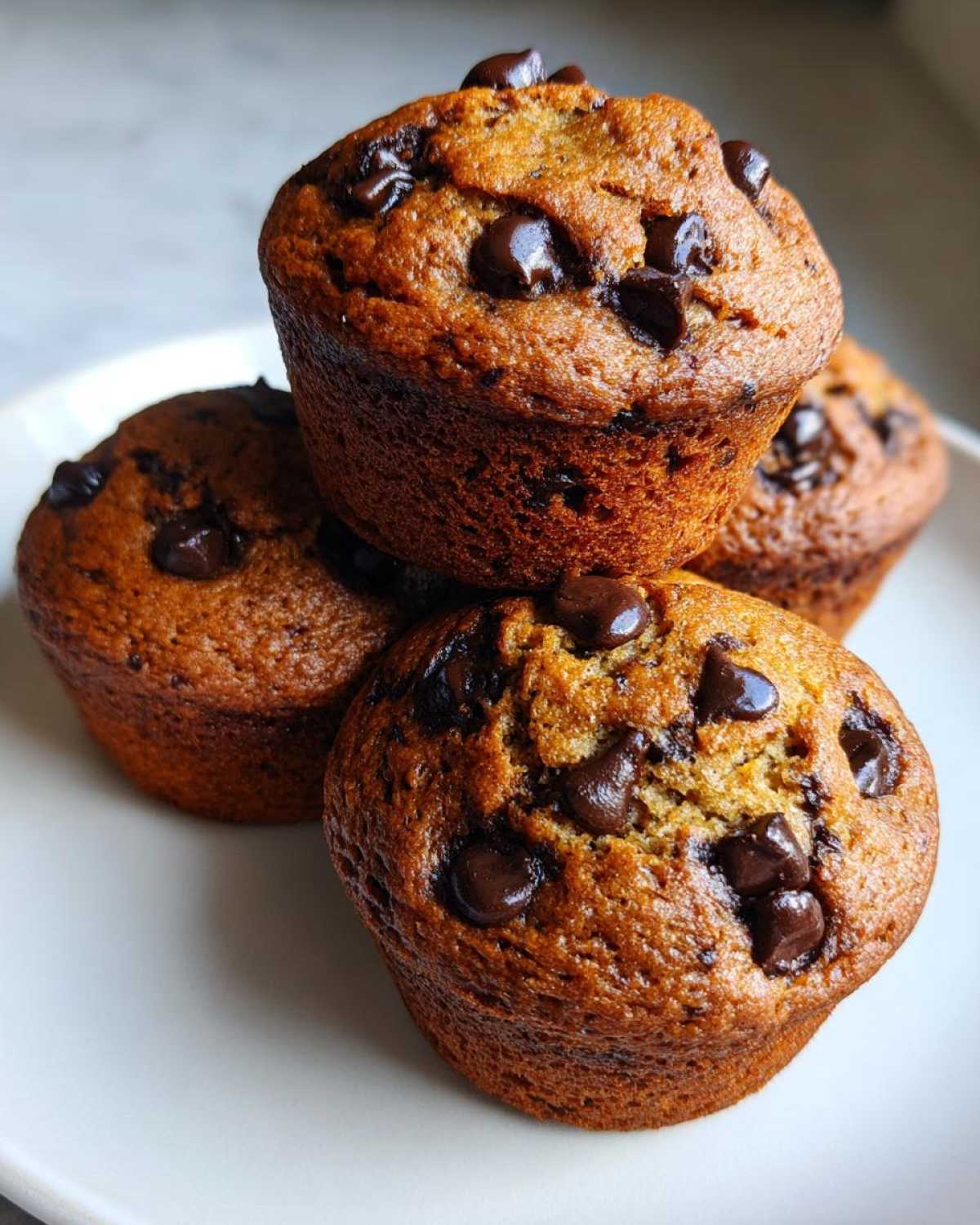 A stack of four moist Chocolate Chip Banana Muffins with melted chocolate chips on top, resting on a white plate.