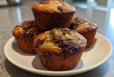 A stack of four freshly baked, moist Chocolate Chip Banana Muffins with melted chocolate topping on a white plate.