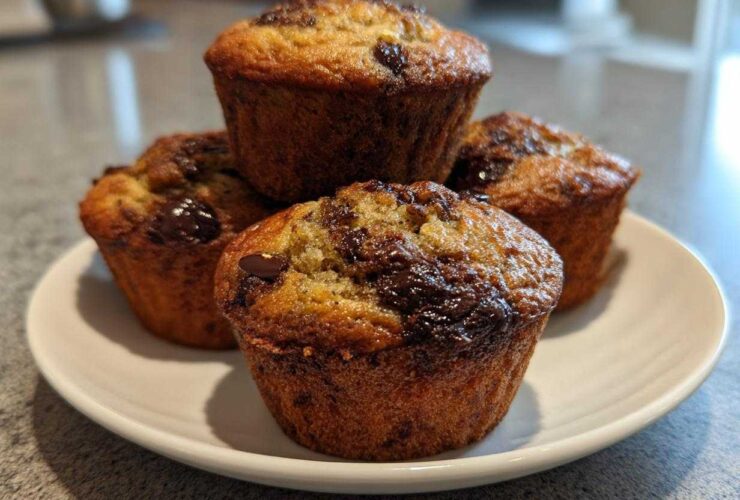 A stack of four freshly baked, moist Chocolate Chip Banana Muffins with melted chocolate topping on a white plate.