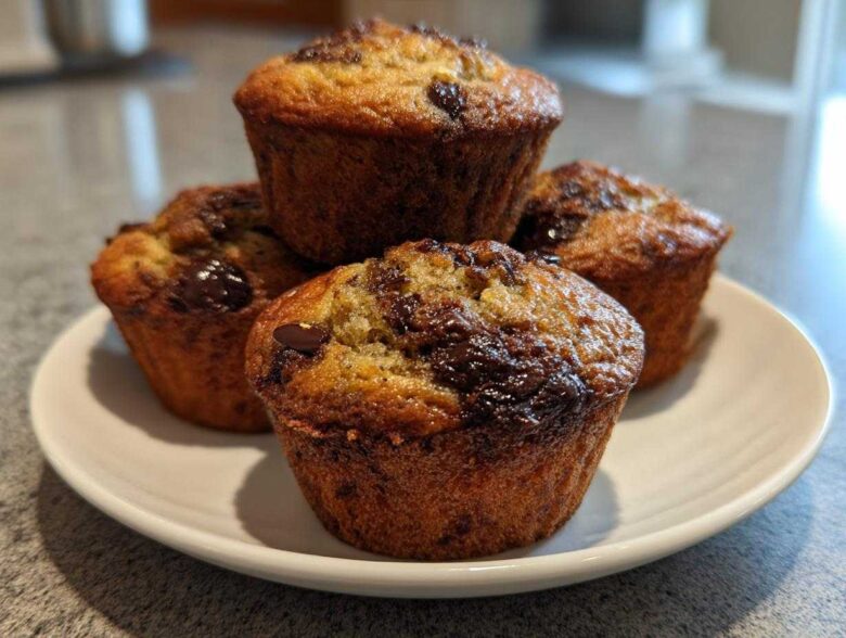 A stack of four freshly baked, moist Chocolate Chip Banana Muffins with melted chocolate topping on a white plate.