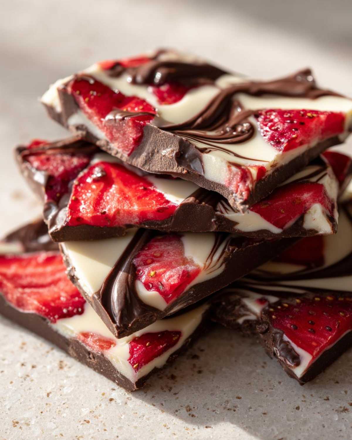 A stack of broken pieces of Chocolate Covered Strawberry Bark featuring dark chocolate, white chocolate swirls, and bright red dried strawberries.