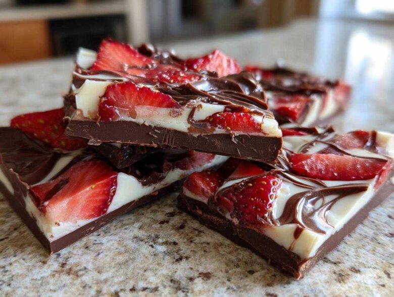 Close-up of stacked pieces of Chocolate Covered Strawberry Bark featuring dark chocolate, white chocolate swirl, and fresh strawberry slices.