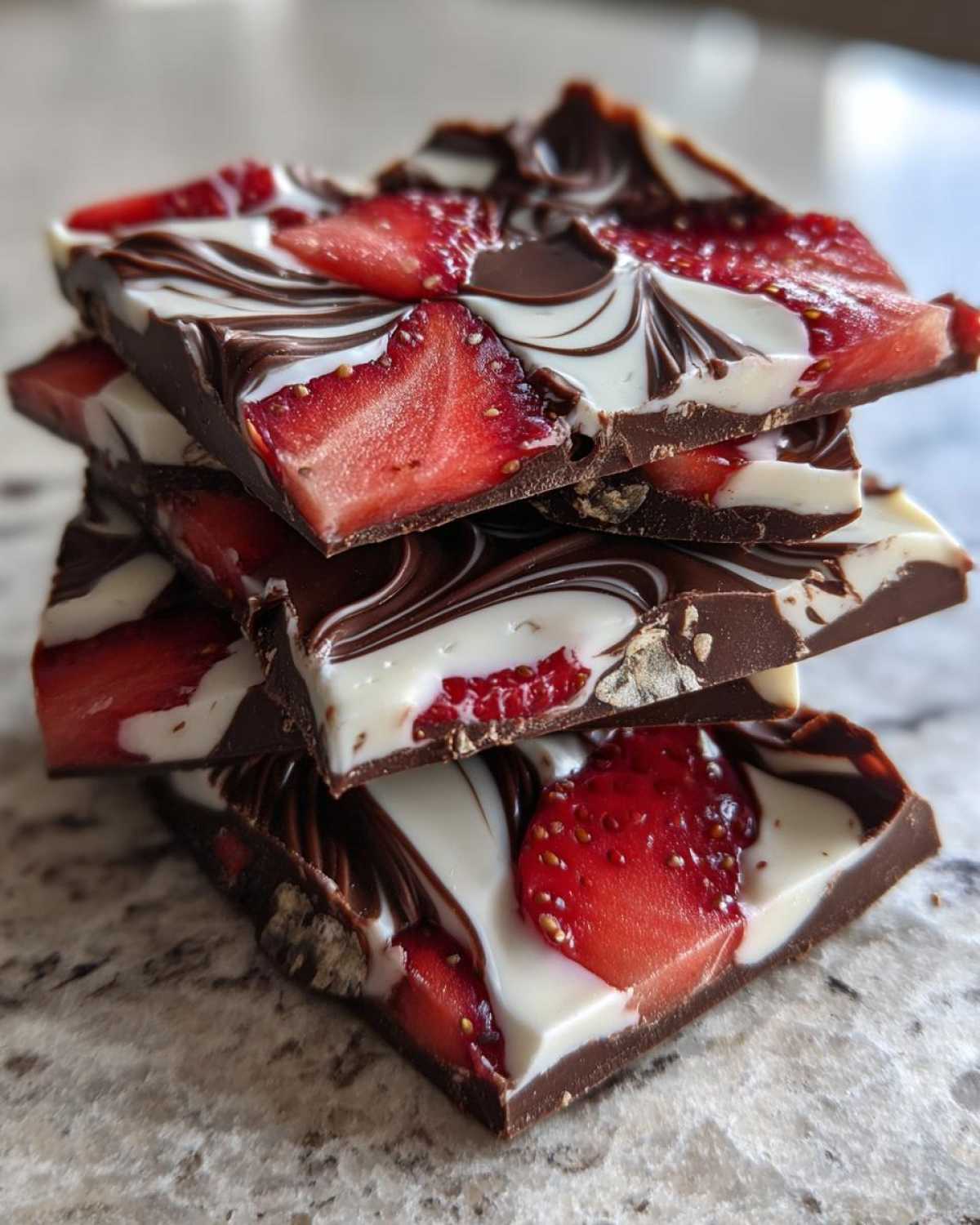 Stack of four pieces of Chocolate Covered Strawberry Bark featuring dark chocolate, white chocolate swirls, and bright red strawberry slices.