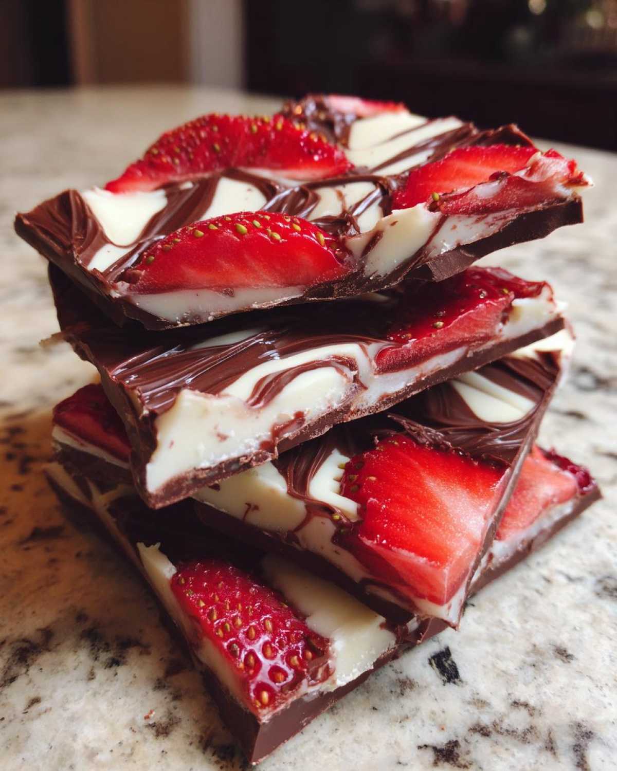 A stack of four broken pieces of Chocolate Covered Strawberry Bark featuring dark chocolate, white chocolate swirls, and fresh strawberry slices.