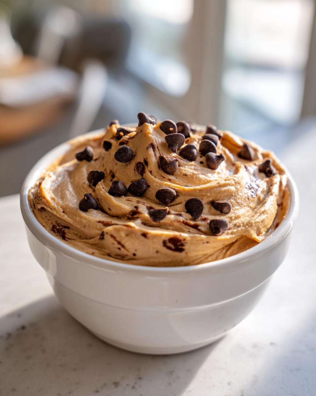 A close-up of creamy Chocolate Peanut Butter Cheesecake Dip topped with mini chocolate chips in a white bowl.
