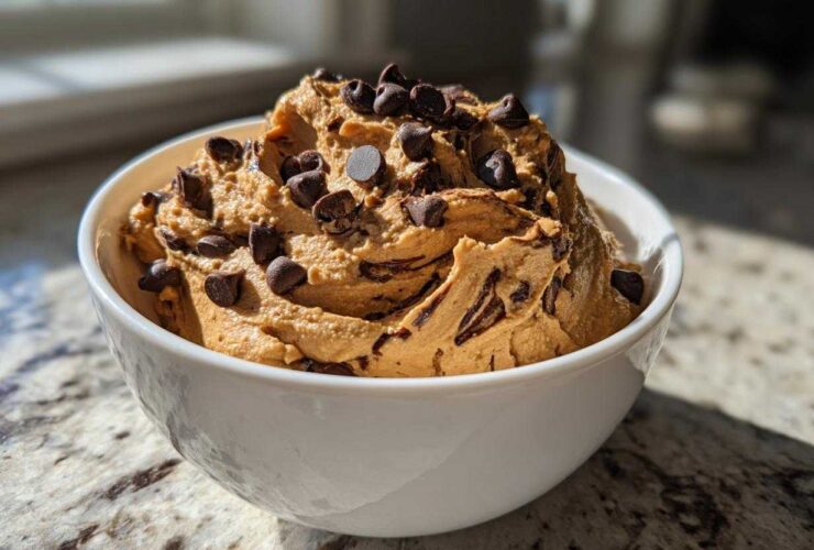 A close-up of creamy Chocolate Peanut Butter Cheesecake Dip topped with mini chocolate chips in a white bowl.