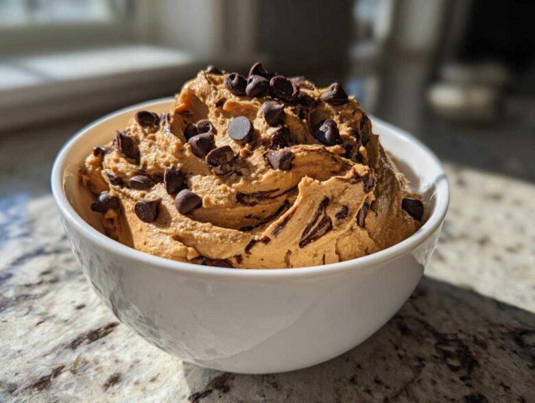 A close-up of creamy Chocolate Peanut Butter Cheesecake Dip topped with mini chocolate chips in a white bowl.