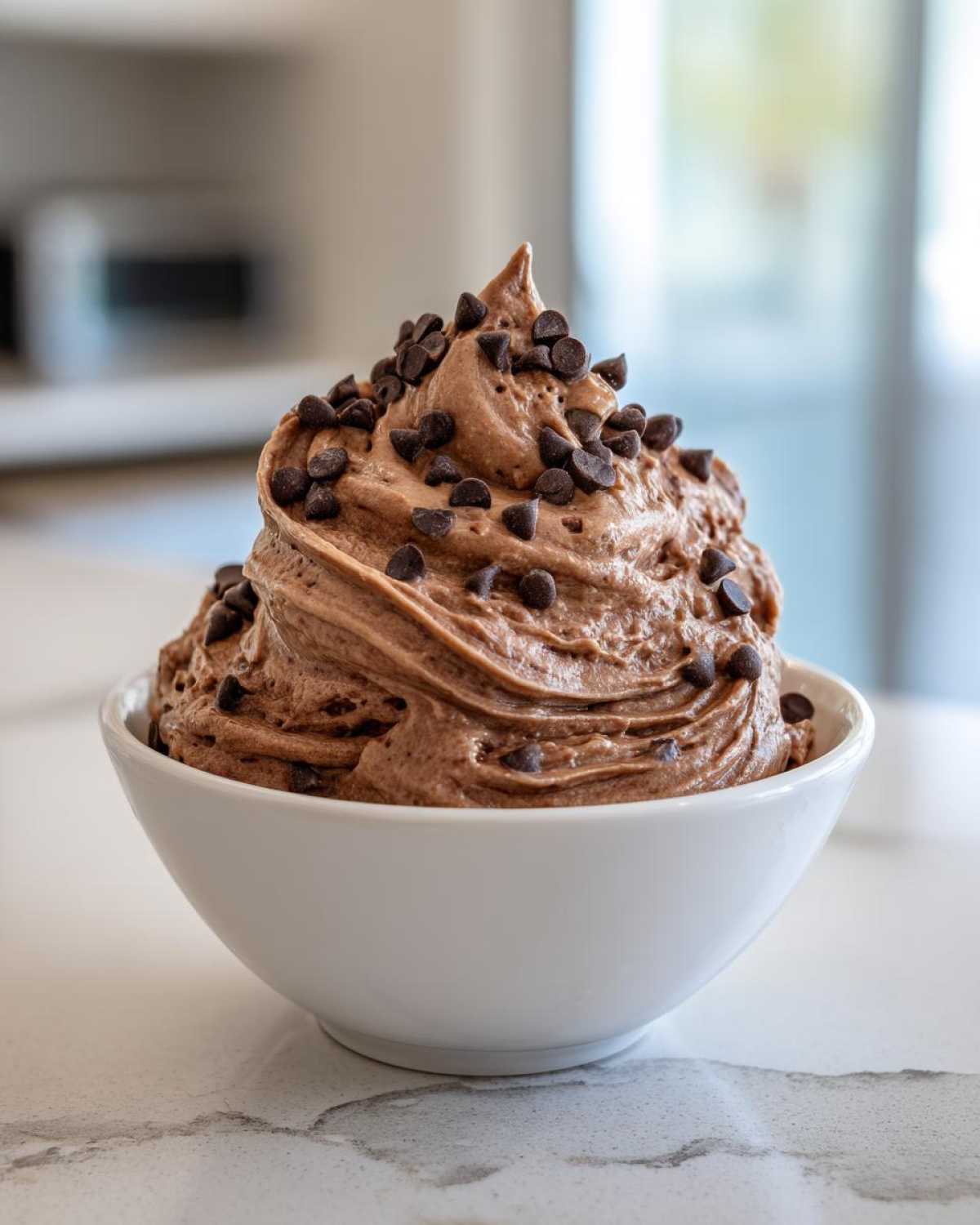 A swirl of rich Chocolate Peanut Butter Cheesecake Dip topped generously with mini chocolate chips in a white bowl.
