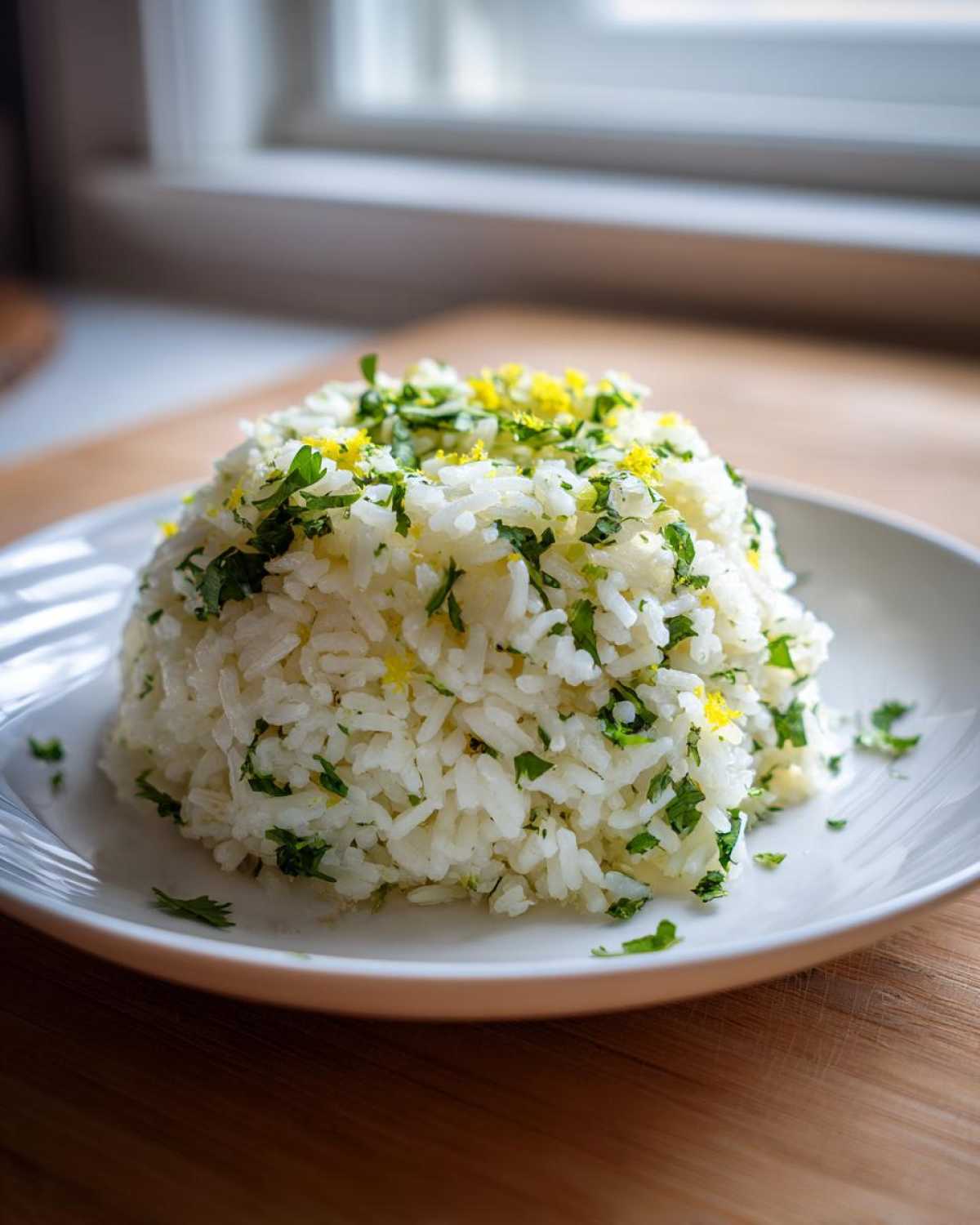 A perfectly molded serving of Cilantro Lime Rice topped with fresh cilantro and bright yellow lime zest.