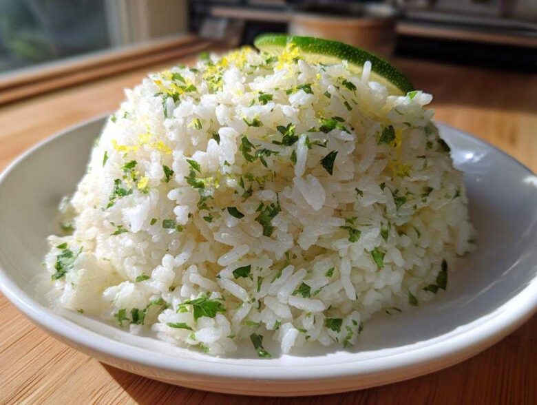 A mound of fluffy white Cilantro Lime Rice garnished with fresh cilantro and lime zest, topped with a lime wedge.