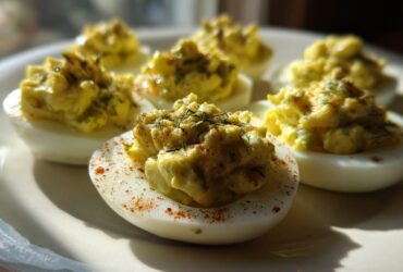 Close-up of several Classic Deviled Eggs with Dill Pickle Relish, piped high and sprinkled with paprika.