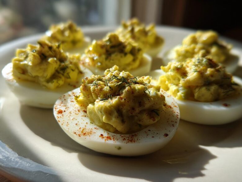 Close-up of several Classic Deviled Eggs with Dill Pickle Relish, piped high and sprinkled with paprika.