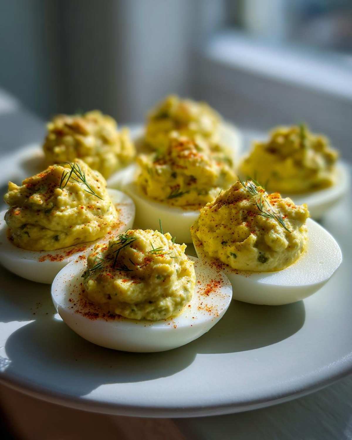 A plate of Classic Deviled Eggs with Dill Pickle Relish, garnished with paprika and fresh dill.