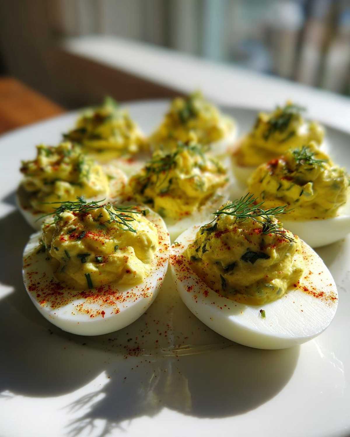 Close-up of Classic Deviled Eggs with Dill Pickle Relish, garnished with dill and paprika on a white plate.