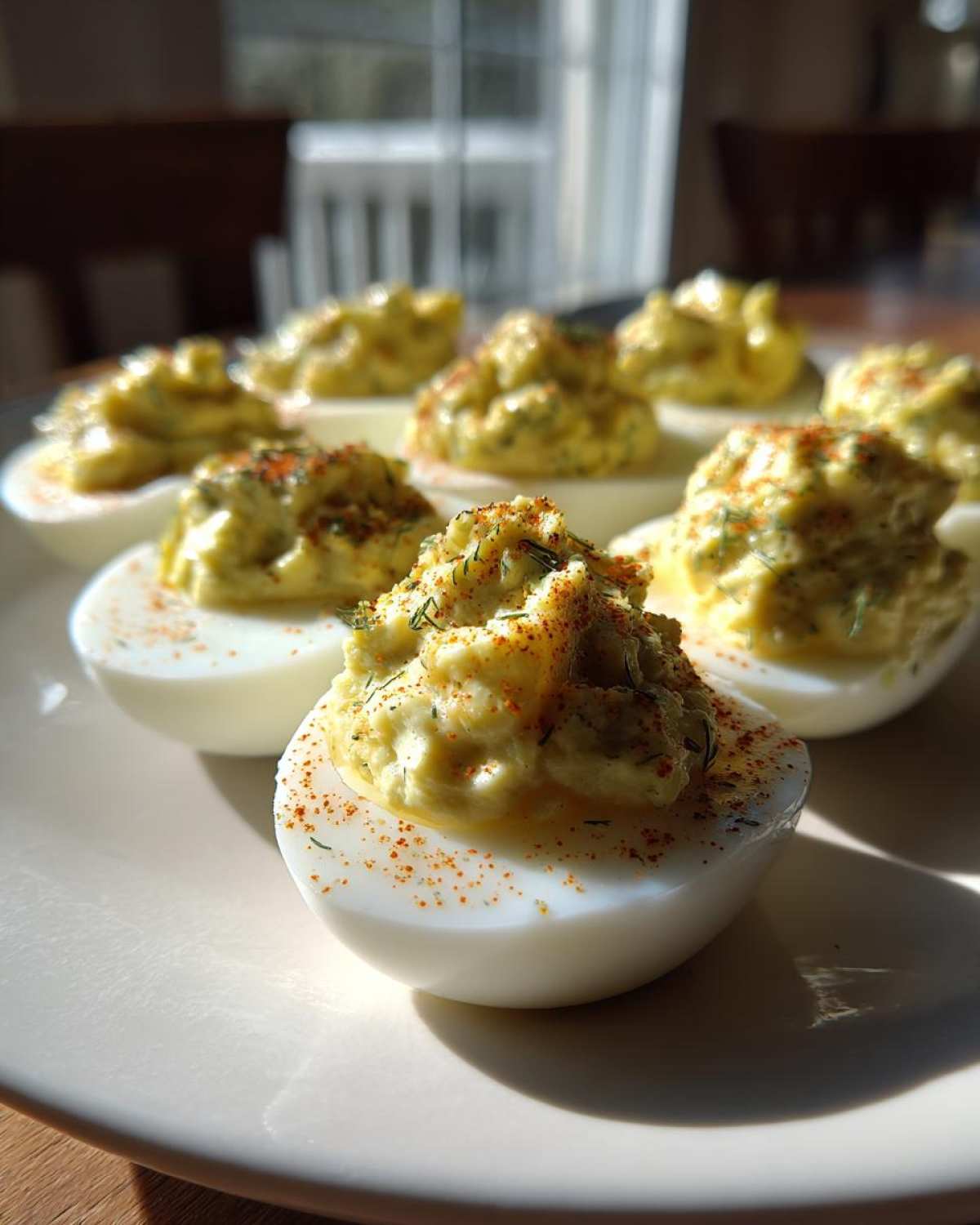 A plate of Classic Deviled Eggs with Dill Pickle Relish, topped with paprika and fresh dill.