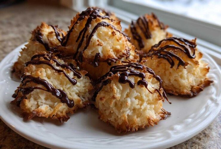 A plate of freshly baked Coconut Macaroons with Dark Chocolate Drizzle, featuring toasted edges.