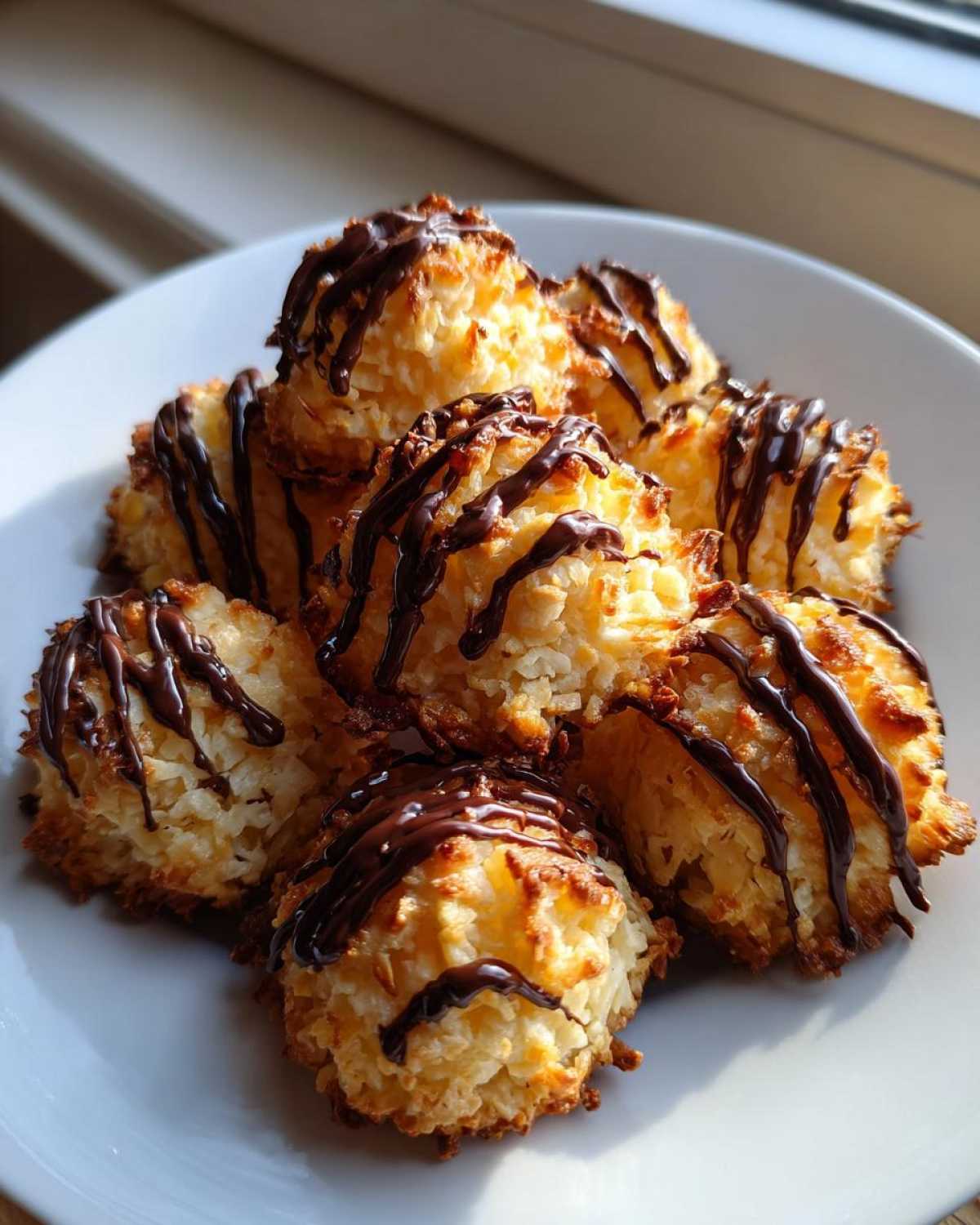 A pile of golden-brown Coconut Macaroons with Dark Chocolate Drizzle stacked on a white plate.