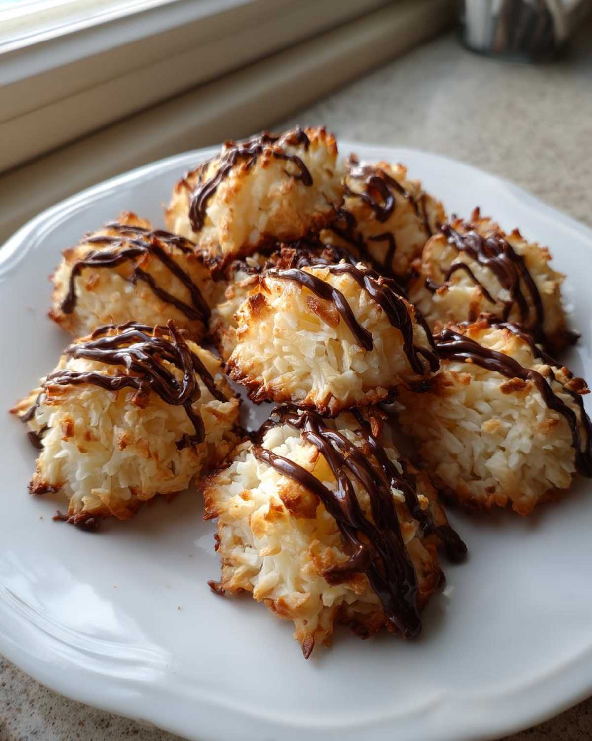 A plate piled high with golden brown Coconut Macaroons with Dark Chocolate Drizzle.