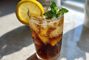 A tall glass filled with iced Cold Brew Lemonade, garnished with a lemon wheel and fresh mint sprigs.