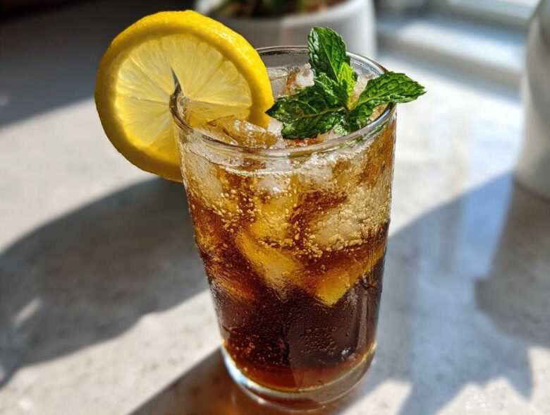 A tall glass filled with iced Cold Brew Lemonade, garnished with a lemon wheel and fresh mint sprigs.