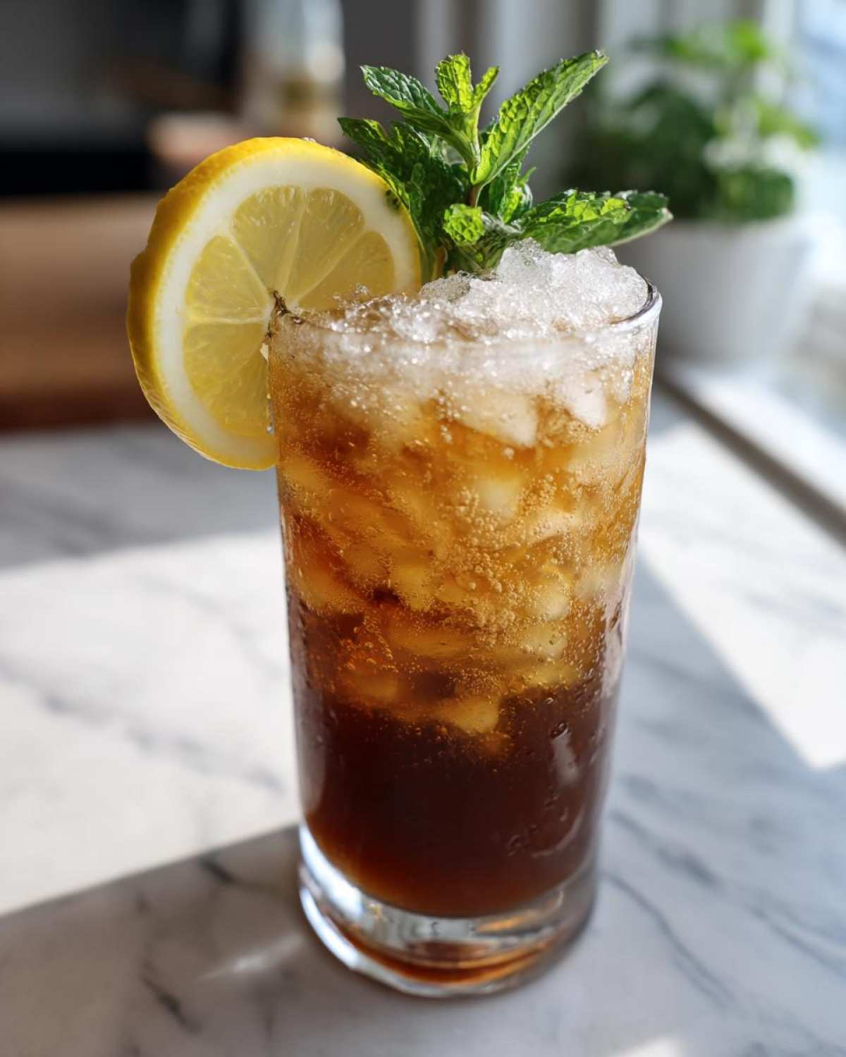 A tall glass of layered Cold Brew Lemonade, topped with crushed ice, mint, and a lemon slice.