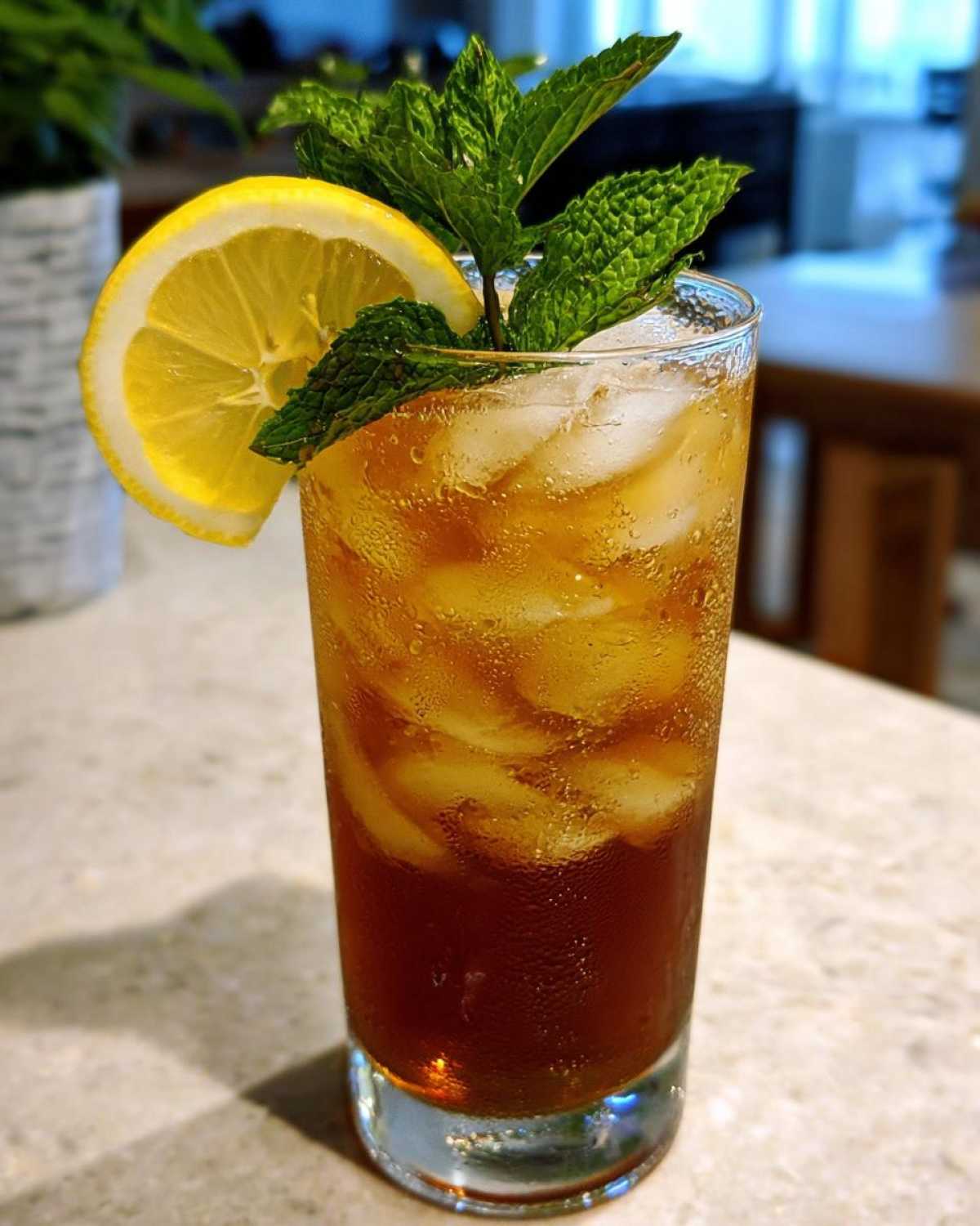 A tall, sweating glass filled with ice and Cold Brew Lemonade, garnished with a lemon slice and fresh mint.
