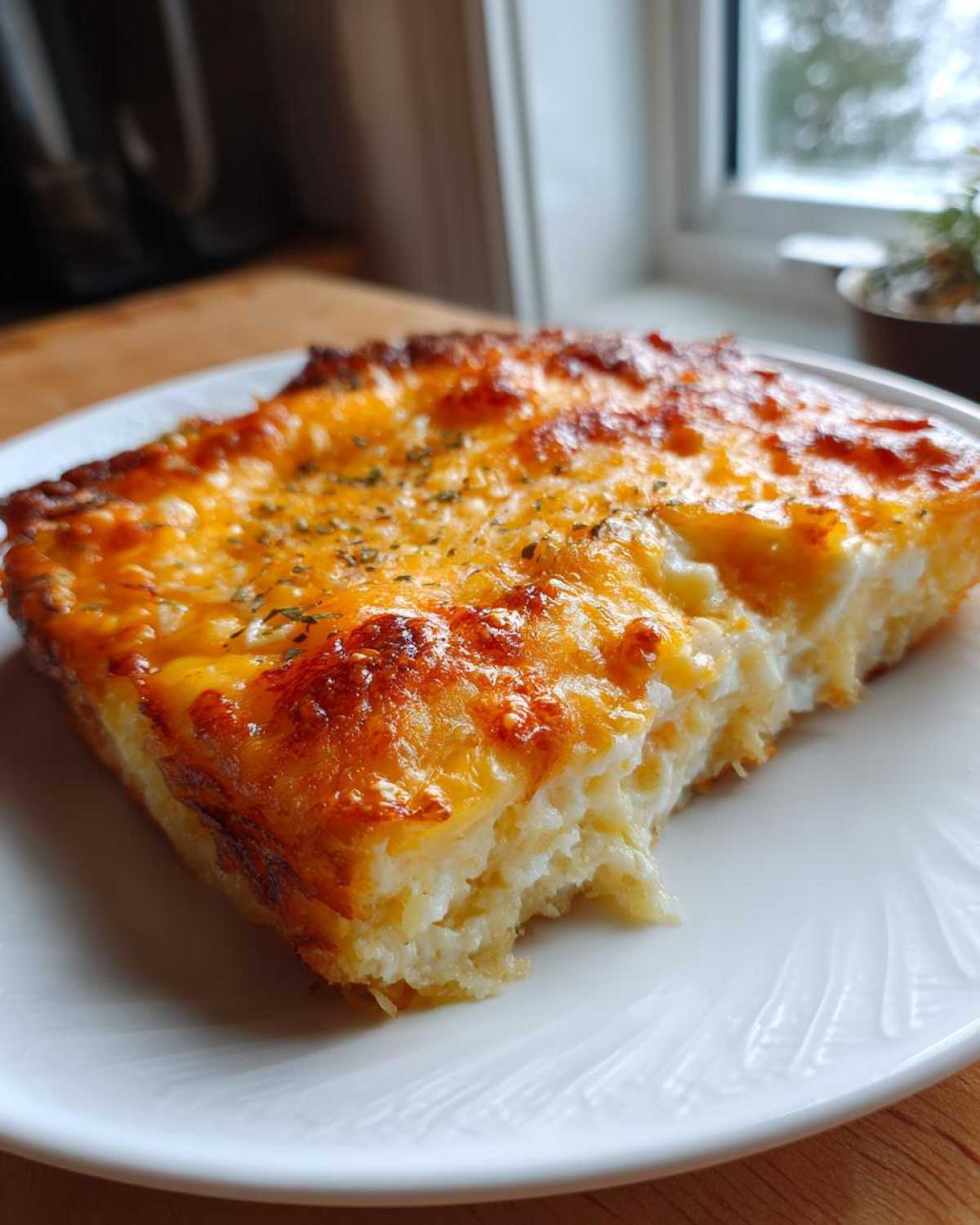 A square slice of Copycat Cracker Barrel Hashbrown Casserole with a golden, bubbly cheese topping.